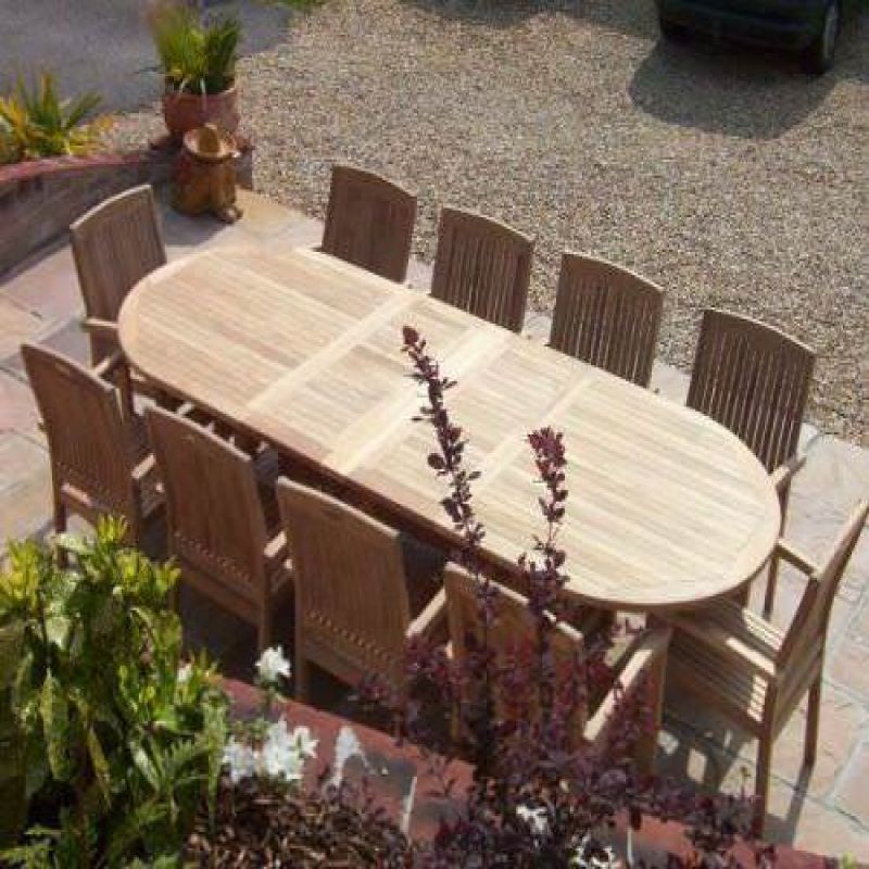 1.1m x 1.9m-2.7m Teak Oval Double Extending Table with 10 Marley Armchairs