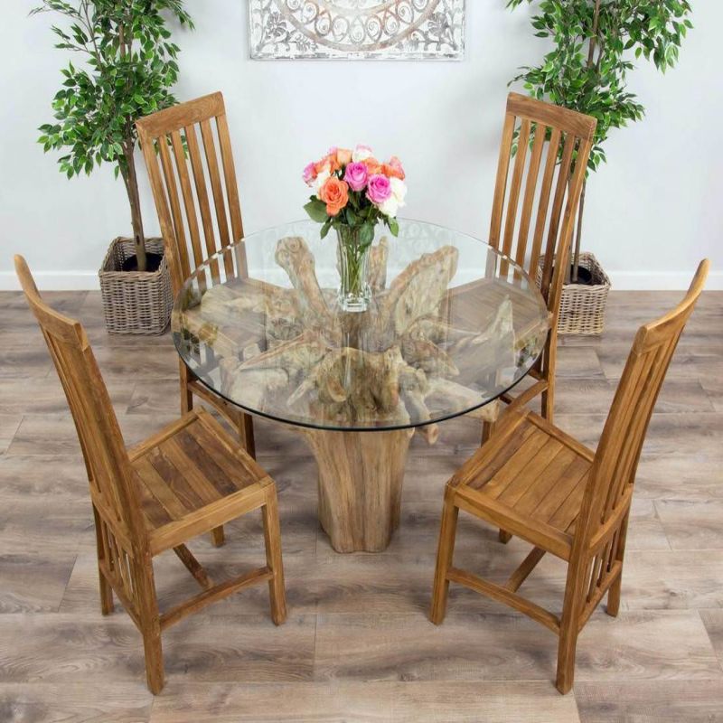 1.2m Reclaimed Teak Flute Root Circular Dining Table with 4 Santos Dining Chairs 