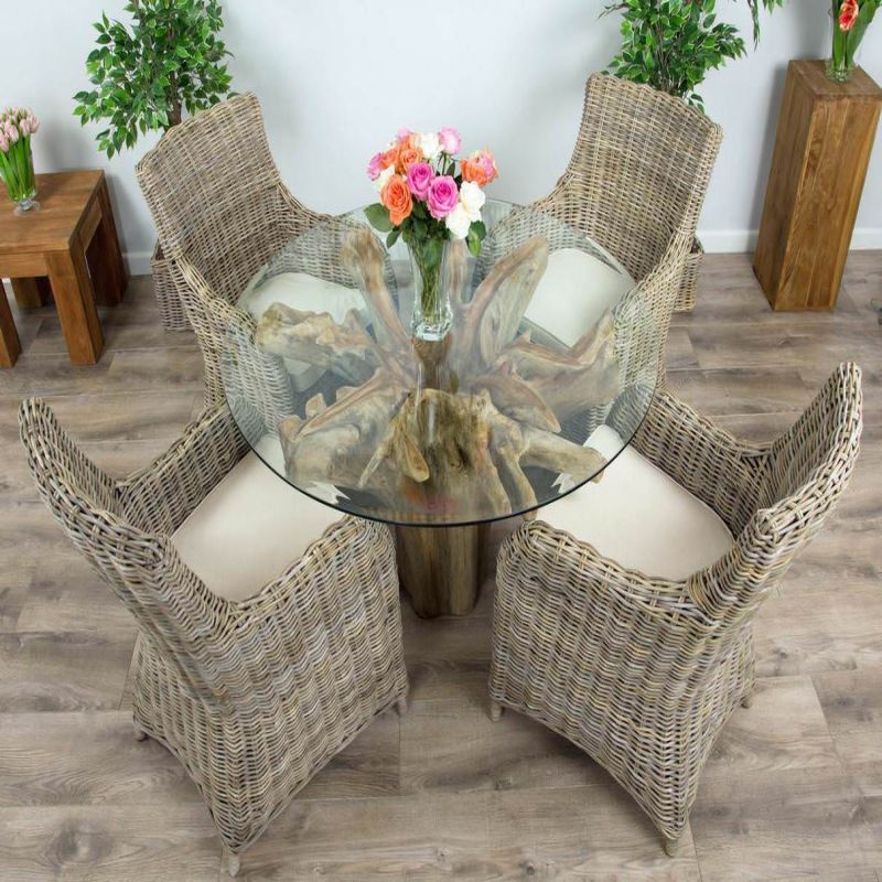 1.2m Reclaimed Teak Flute Root Circular Dining Table with 4 Donna Dining Chairs 