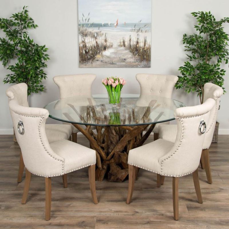 1.5m Reclaimed Teak Root Piece Circular Dining Table with 6 Windsor Ring Back Chairs