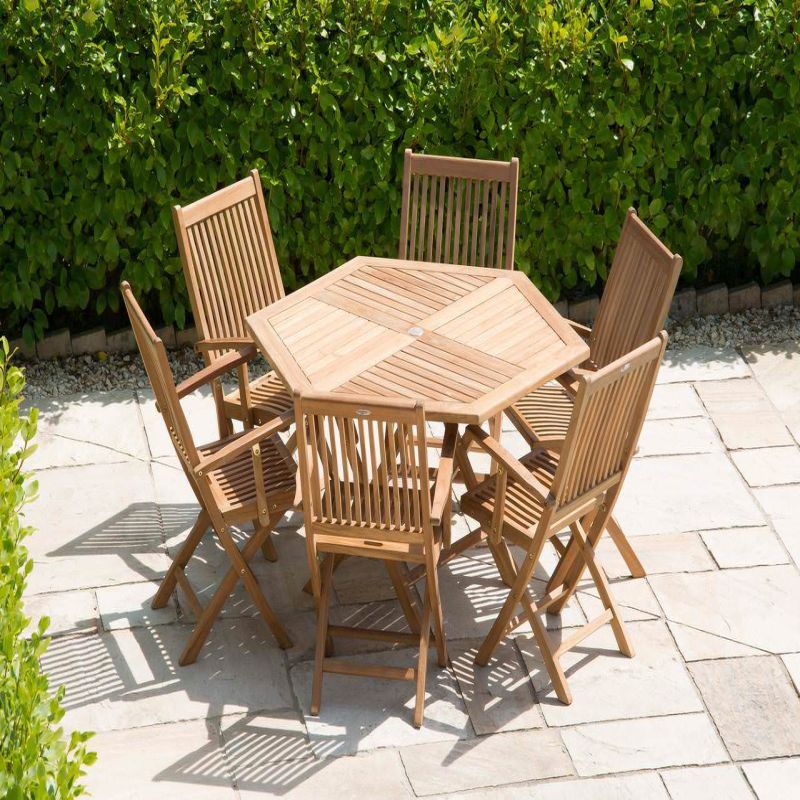 1.2m Teak Hexagonal Folding Table with 6 Kiffa Folding Chairs