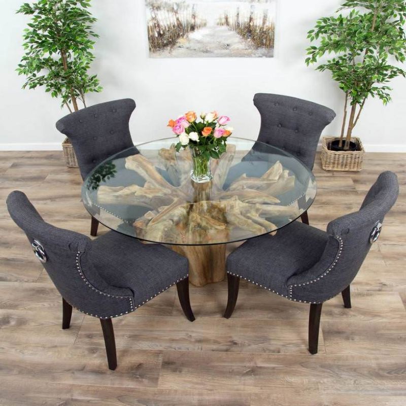 1.2m Reclaimed Teak Flute Root Circular Dining Table with 4 Windsor Ring Back Dining Chairs