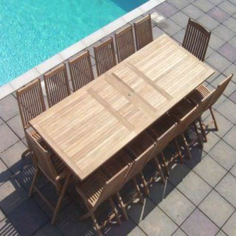1.2m x 2.4m-3.2m Teak Rectangular Double Extending Table with 12 Kiffa Folding Chairs & 2 Kiffa Folding Armchairs