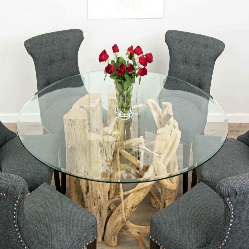1.5m Java Root Circular Dining Table with 6 Dove Grey Windsor Ring Back Dining Chairs 