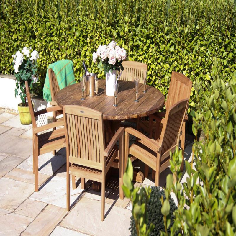 1.5m Reclaimed Teak Outdoor Open Slatted Dartmouth Table with 6 Marley Armchairs