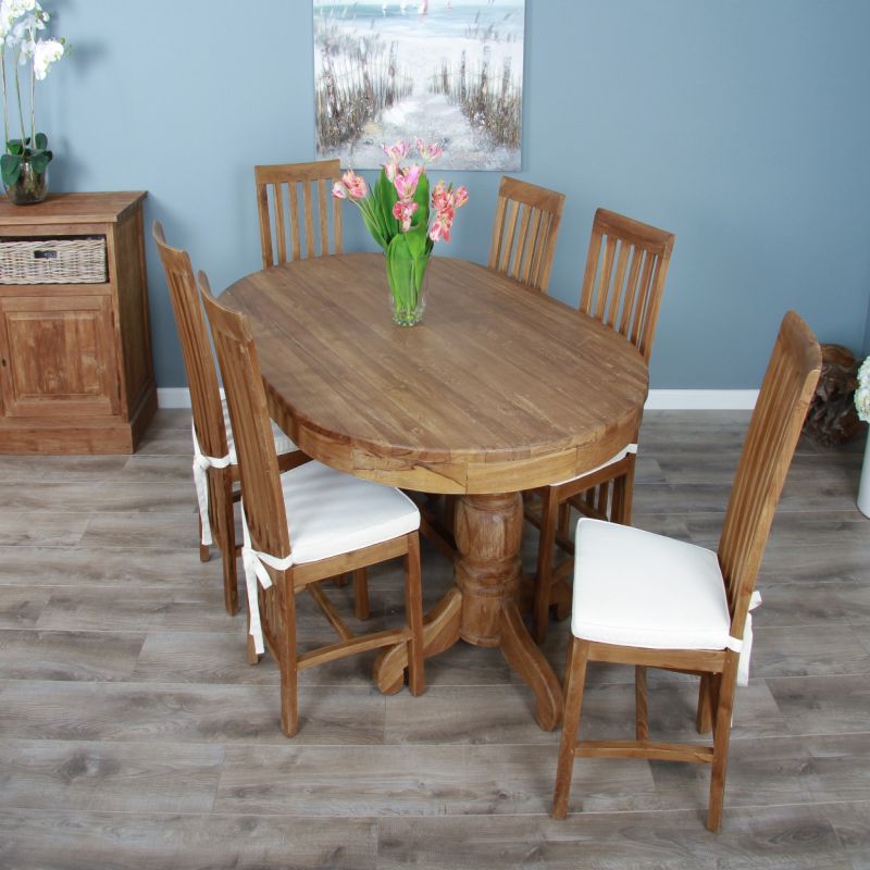 1.8m Reclaimed Teak Oval Pedestal Dining Table with 6 or 8 Santos Chairs