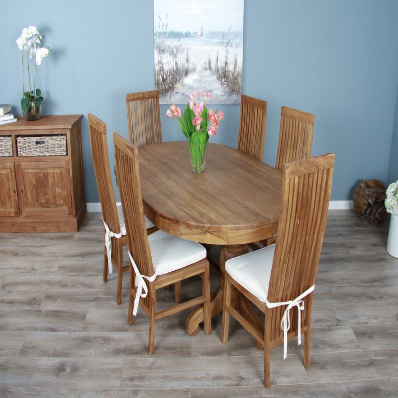 1.8m Reclaimed Teak Oval Pedestal Dining Table with 6 Vikka Chairs 