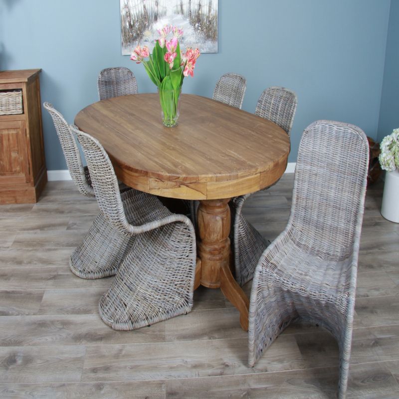 1.8m Reclaimed Teak Oval Pedestal Dining Table with 6 Zorro Chairs 