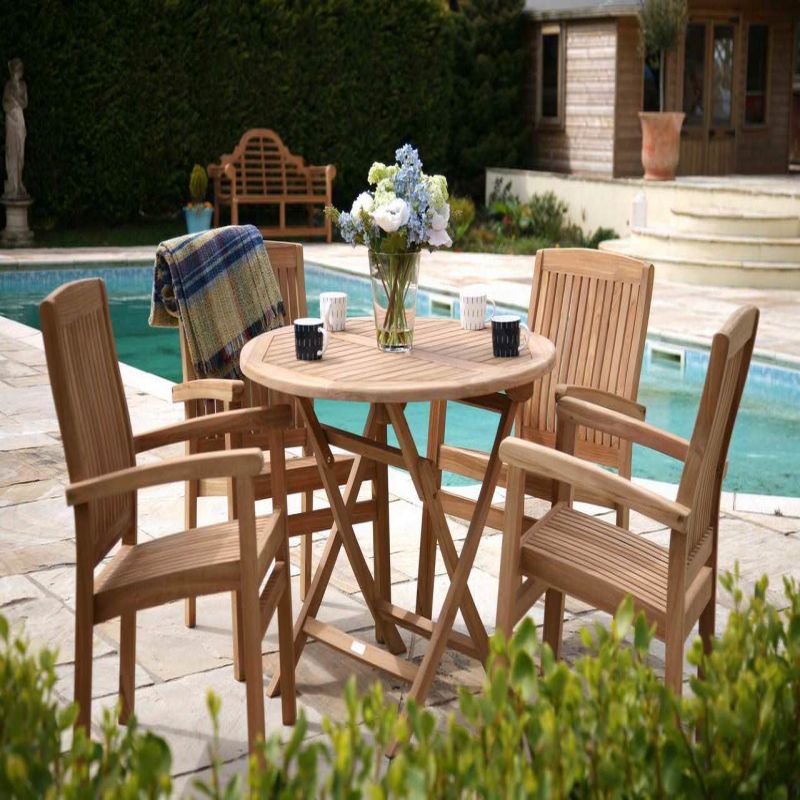 1m Teak Circular Folding Table with 4 Marley Chairs