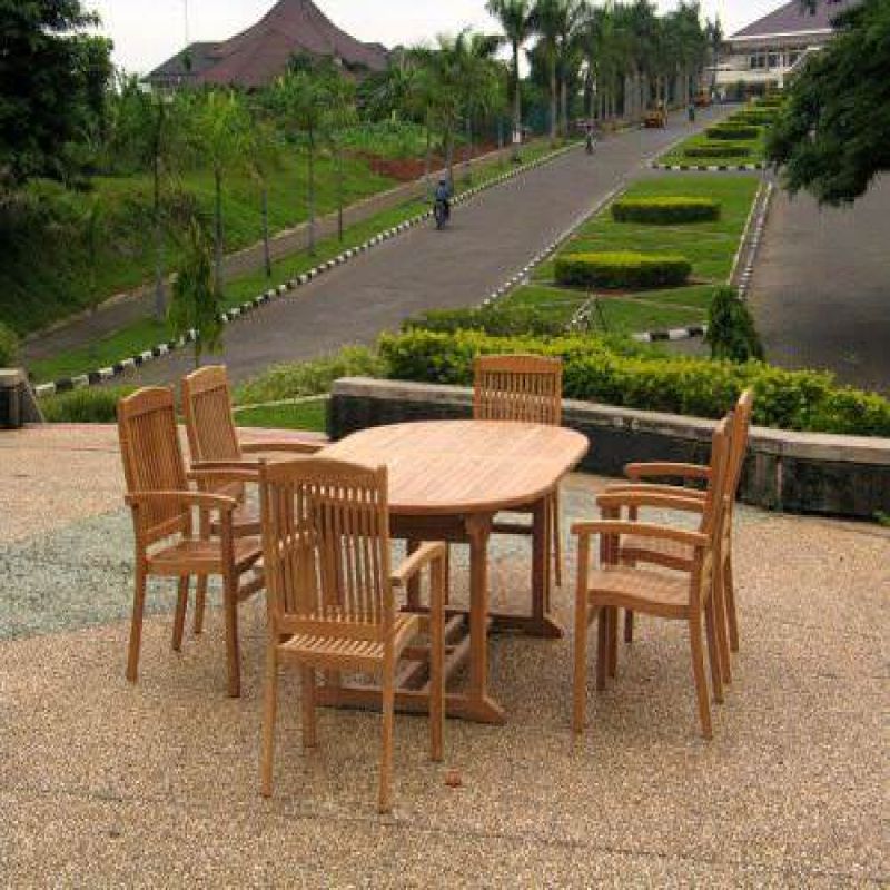 1.6m Teak Oval Pedestal Table with 6 Marley chairs