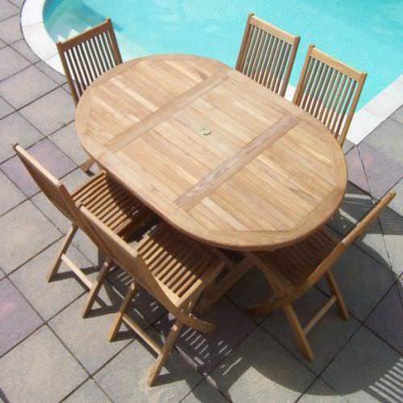 1.2m x 1.2m - 1.8m Teak Circular Extending Table with 6 Kiffa Folding Chairs / Armchairs