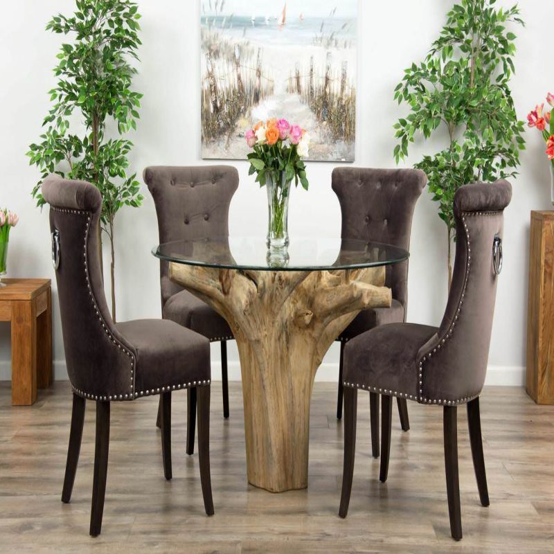 1.2m Reclaimed Teak Flute Root Circular Dining Table with 4 Windsor Ring Back Dining Chairs 