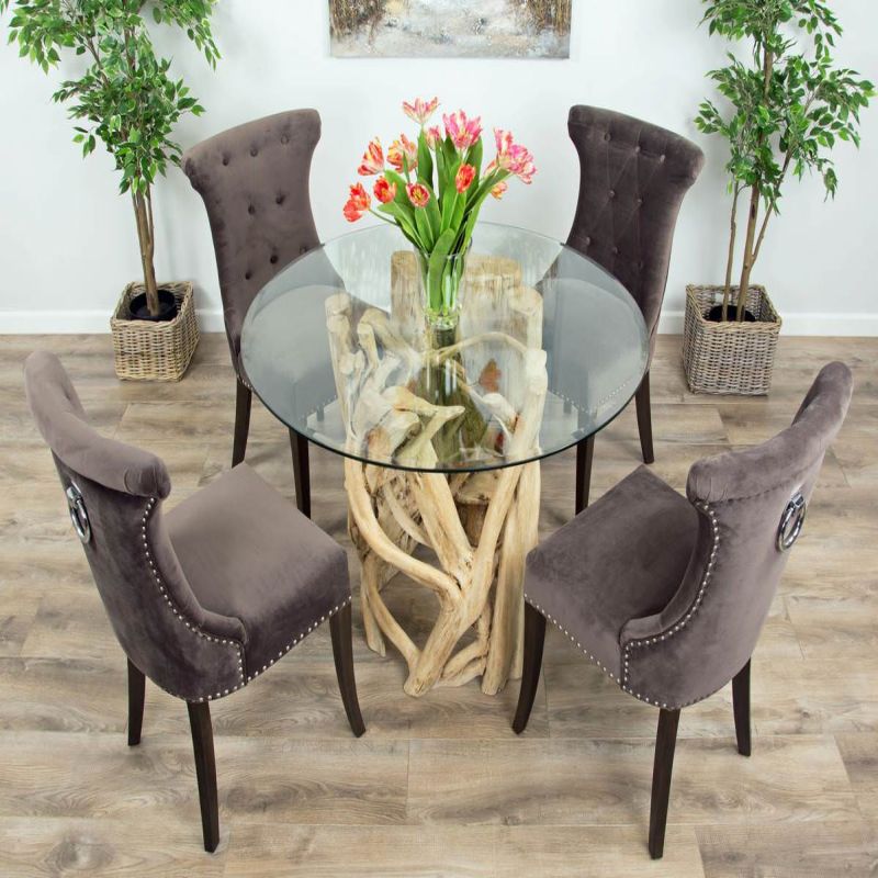 1.2m Java Root Circular Dining Table with 4 Velveteen Ring Back Dining Chairs 