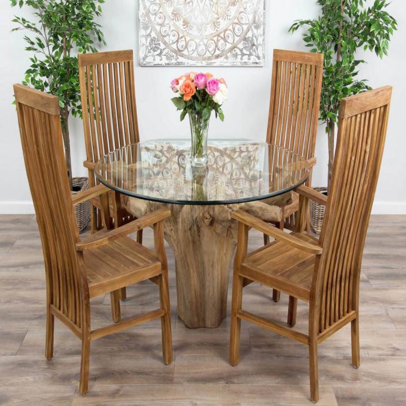 1.2m Reclaimed Teak Flute Root Circular Dining Table with 4 Vikka Armchairs
