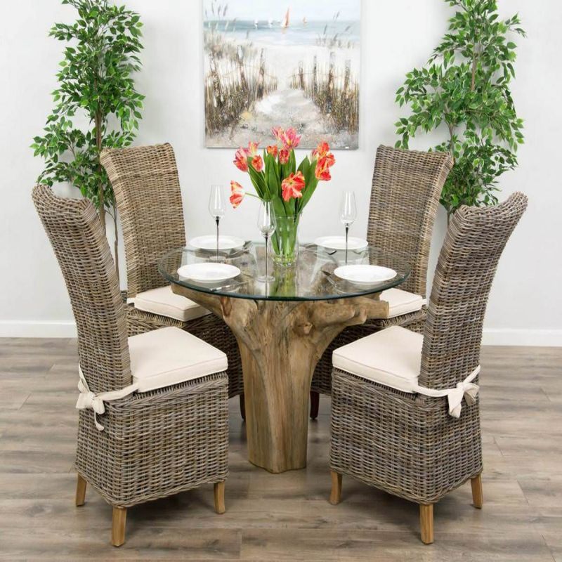 1.2m Reclaimed Teak Flute Root Circular Dining Table with 4 Latifa Dining Chairs