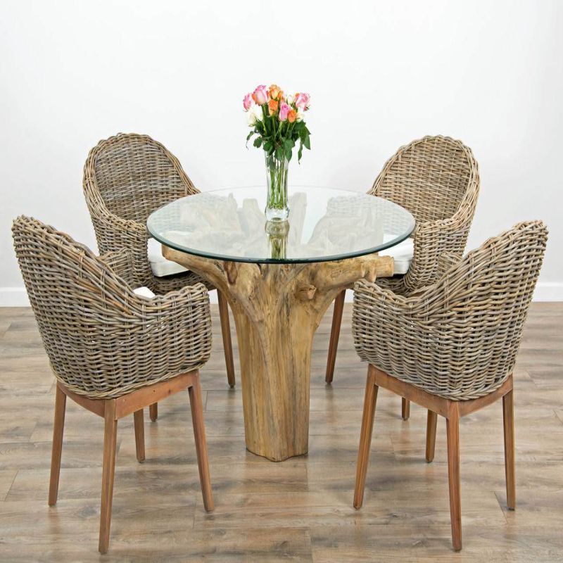 1.2m Reclaimed Teak Flute Root Circular Dining Table with 4 Scandi Armchairs