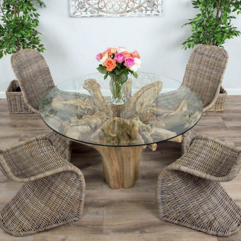 1.2m Reclaimed Teak Flute Root Circular Dining Table with 4 Stackable Zorro Chairs