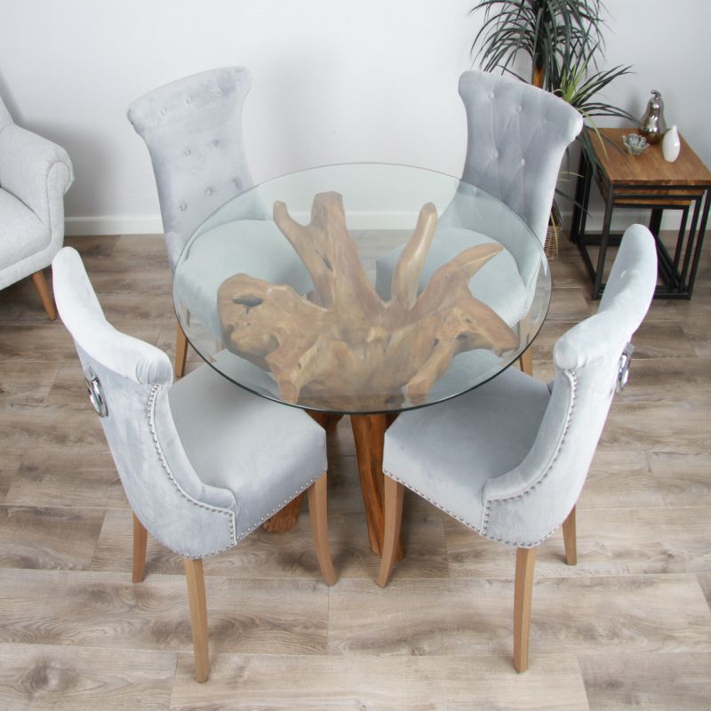 1.2m Reclaimed Teak Root Circular Dining Table with 4 Windsor Ring Back Dining Chairs