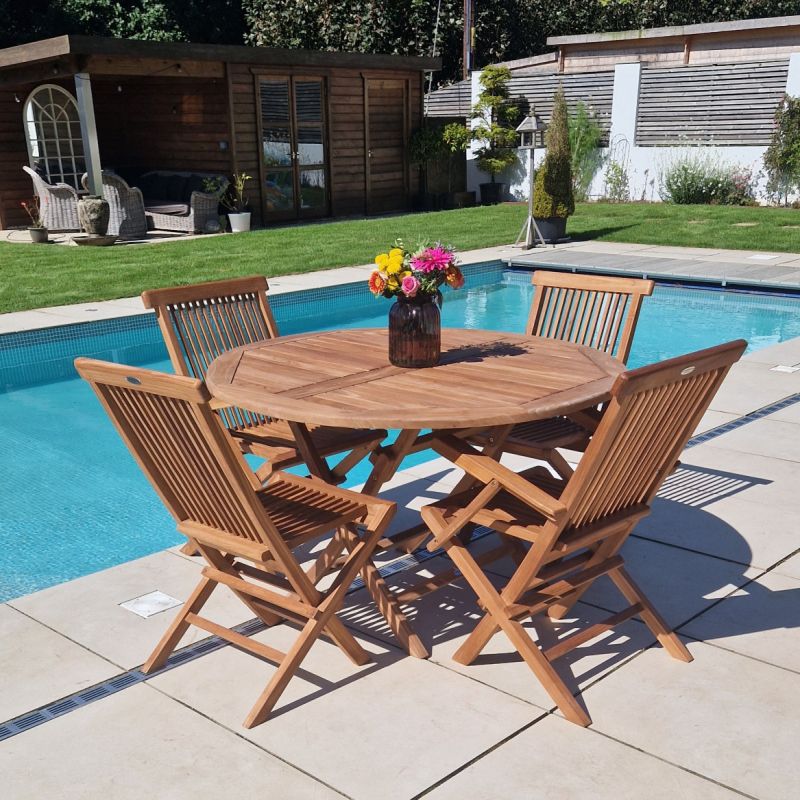 1.2m Teak Circular Folding Table with 2 Classic Folding Chairs & 2 Armchairs