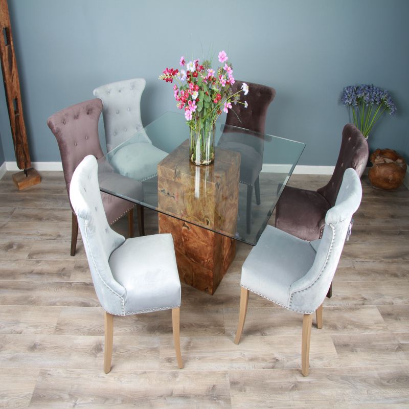 1.4m Reclaimed Teak Root Square Block Dining Table With 6 Windsor Chairs