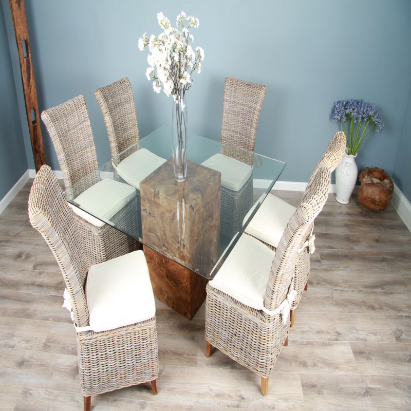 1.4m Reclaimed Teak Root Square Block Dining Table with 6 Latifa Chairs