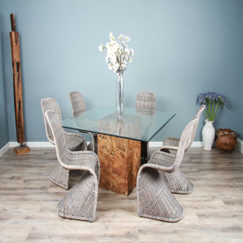 1.4m Reclaimed Teak Root Square Block Dining Table with 6 Zorro Chairs
