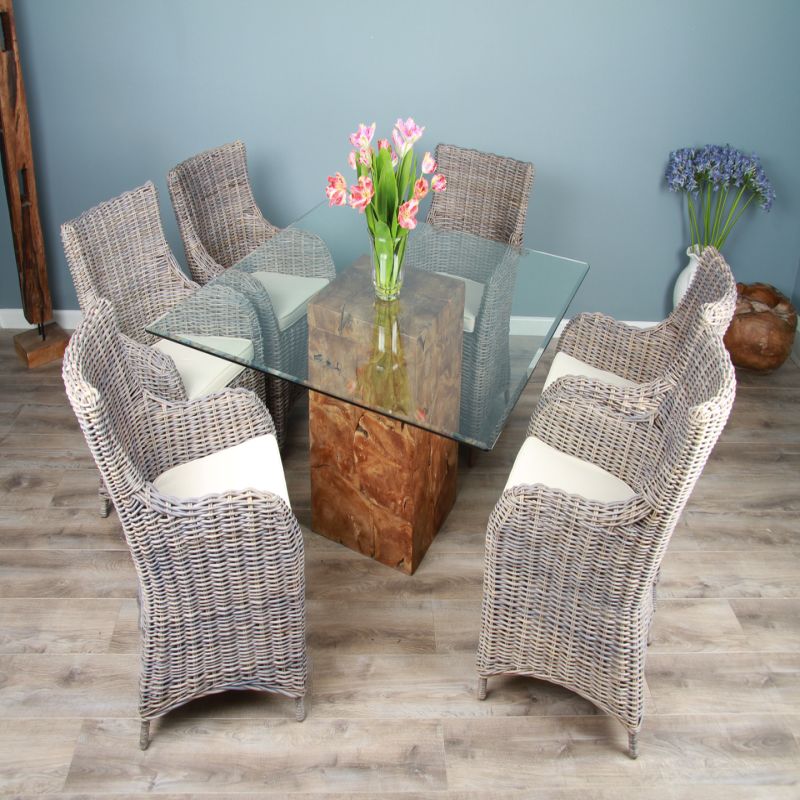 1.4 Reclaimed Teak Root Square Block Dining Table with 6 Donna Armchairs 