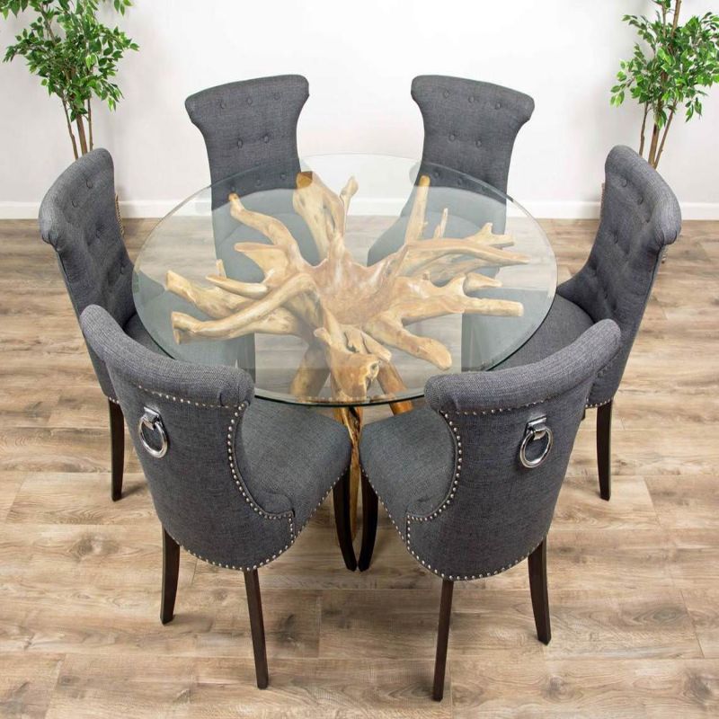 1.5m Reclaimed Teak Root Circular Dining Table with 6 Dove Grey Windsor Ring Back Dining Chairs