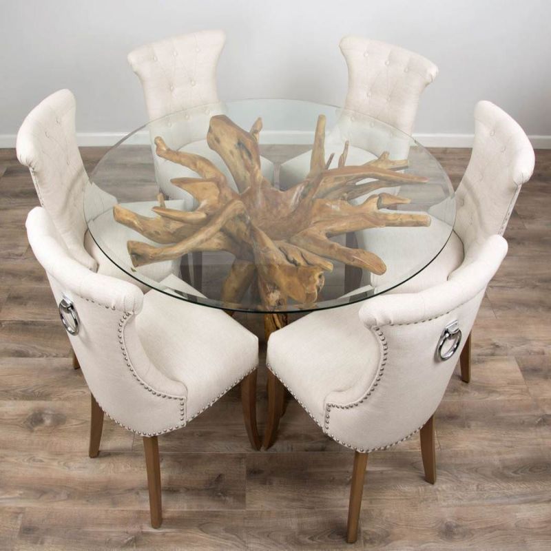 1.5m Reclaimed Teak Root Circular Dining Table with 6 Natural Windsor Ring Back Dining Chairs