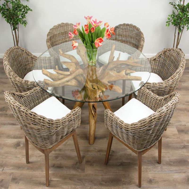 1.5m Reclaimed Teak Root Circular Dining Table with 6 Scandi Armchairs