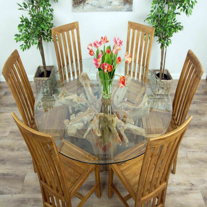 1.5m Reclaimed Teak Flute Root Circular Dining Table with 6 Santos Chairs