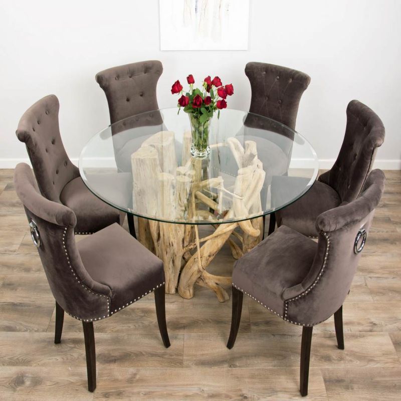 1.5m Java Root Dining Table with 6 Velveteen Ring Back Dining Chairs
