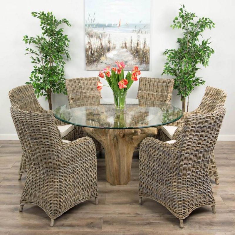 1.5m Reclaimed Teak Flute Root Circular Dining Table with 6 Donna Armchairs