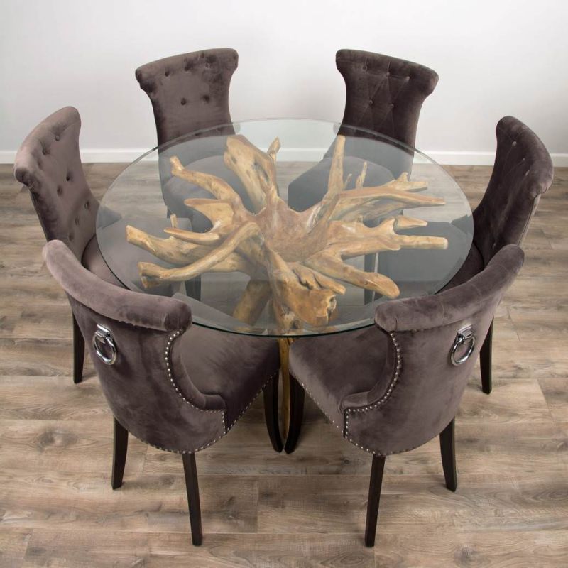 1.5m Reclaimed Teak Root Circular Dining Table with 6 Velveteen Ring Back Dining Chairs