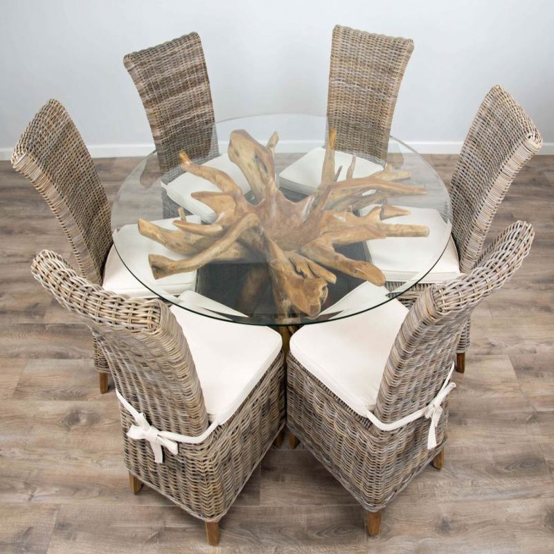 1.5m Reclaimed Teak Root Circular Dining Table with 6 Latifa Chairs 