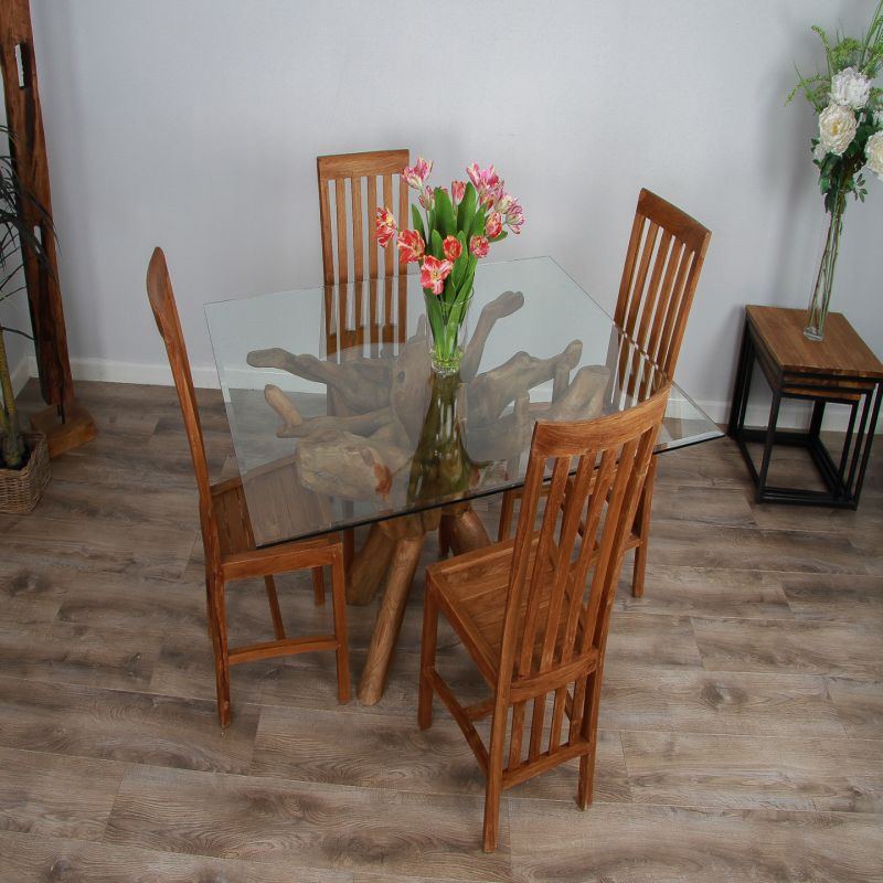 1.5m x 1.2m Reclaimed Teak Root Rectangular Dining Table with 4 Santos Chairs 