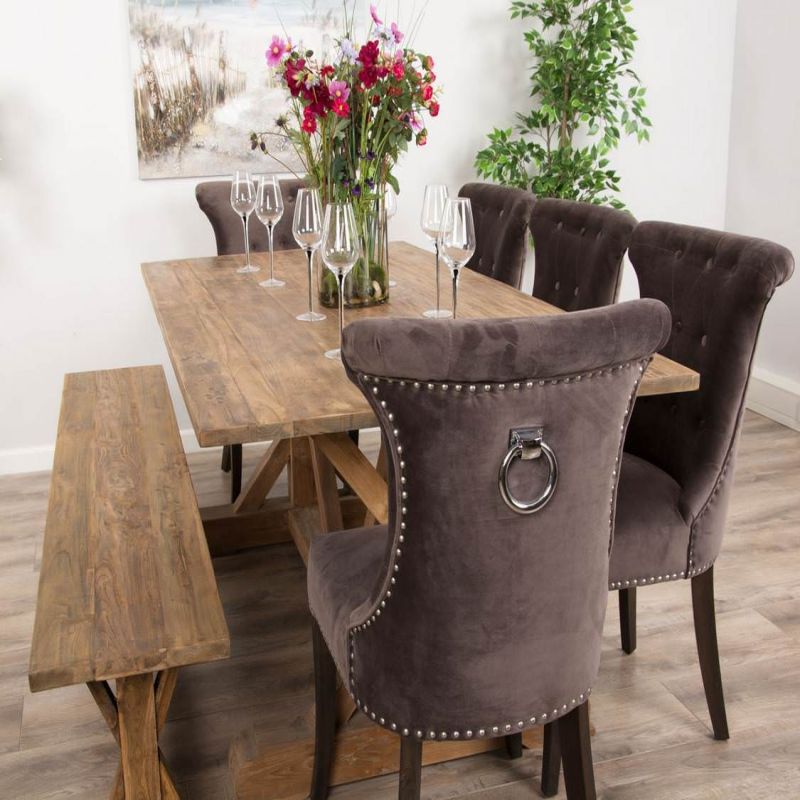 2m Reclaimed Teak Dinklik Dining Table with 1 Backless Bench & 5 Velvet Ring Back Chairs   