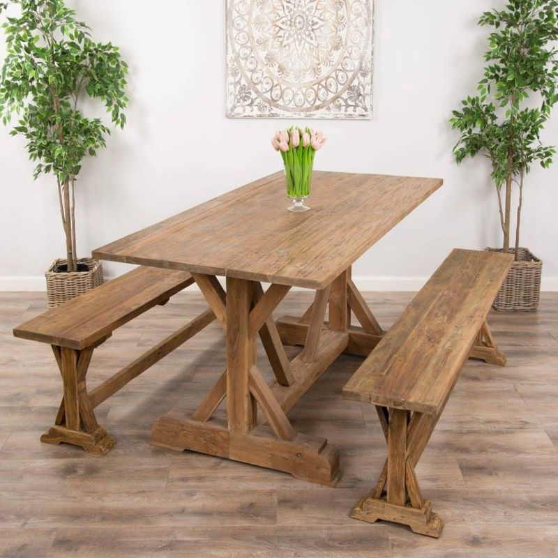 2m Reclaimed Teak Dinklik Dining Table With 2 Backless Benches