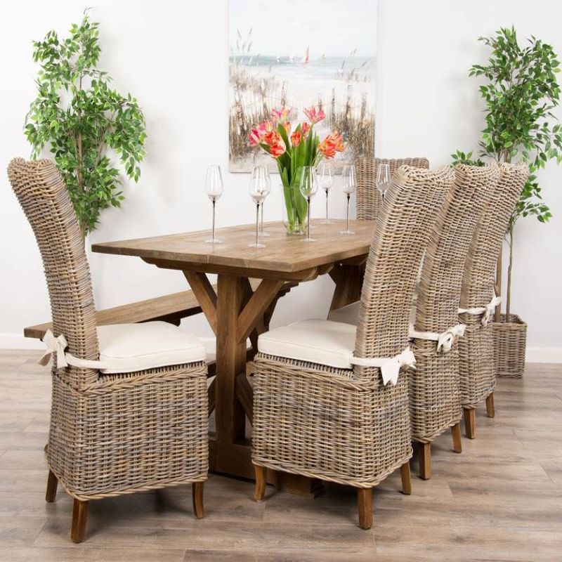 2m Reclaimed Teak Dinklik Dining Table with 1 Backless Bench & 5 Latifa Chairs   