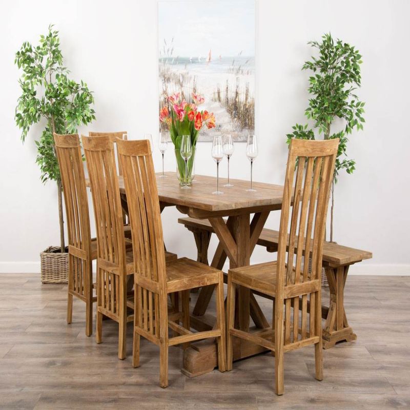 2m Reclaimed Teak Dinklik Dining Table with 1 Backless Bench & 5 Santos Chairs   