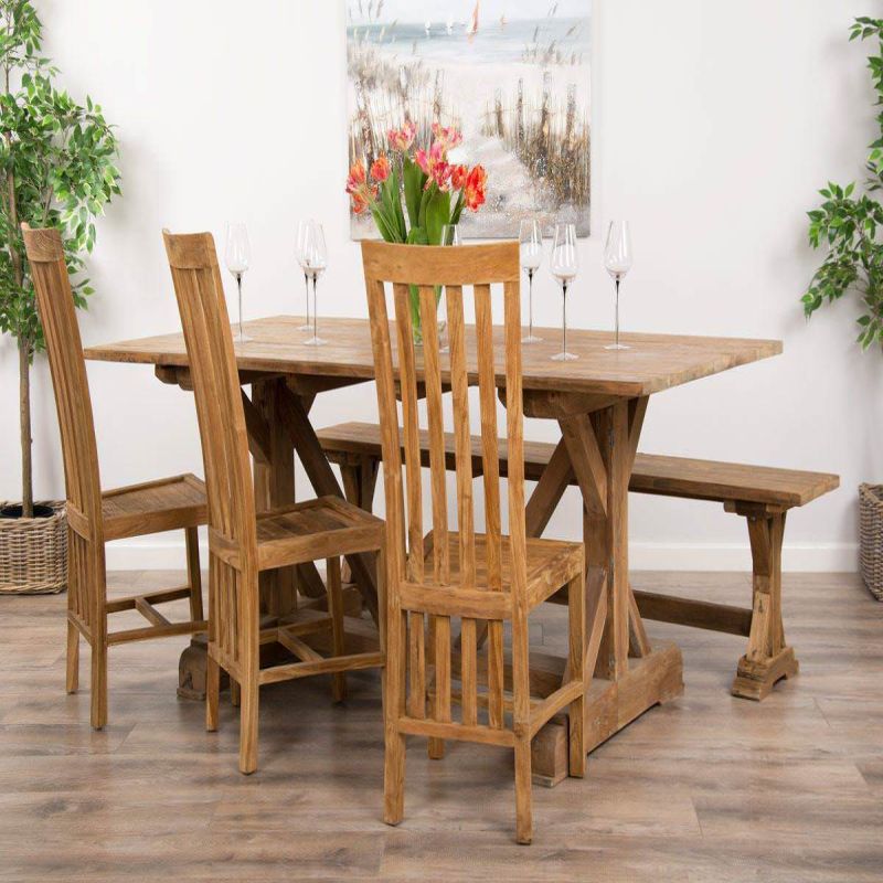 2m Reclaimed Teak Dinklik Dining Table with 1 Backless Bench & 3 Santos Chairs   