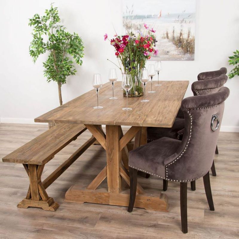 2m Reclaimed Teak Dinklik Dining Table with 1 Backless Bench & 3 Velvet Ring Back Chairs   