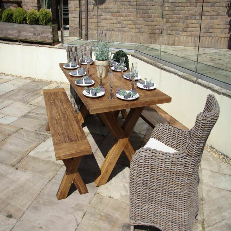 2m Reclaimed Teak Outdoor Open Slatted Cross Leg Table with 2 Backless Benches & 2 Donna Armchairs
