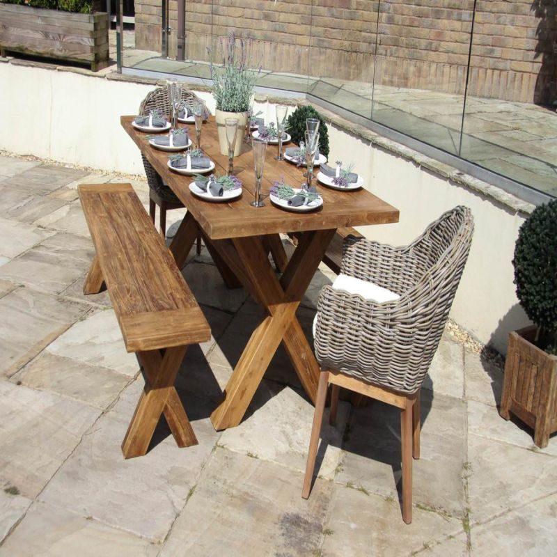 2m Reclaimed Teak Outdoor Open Slatted Cross Leg Table with 2 Backless Benches & 2 Scandi Armchairs
