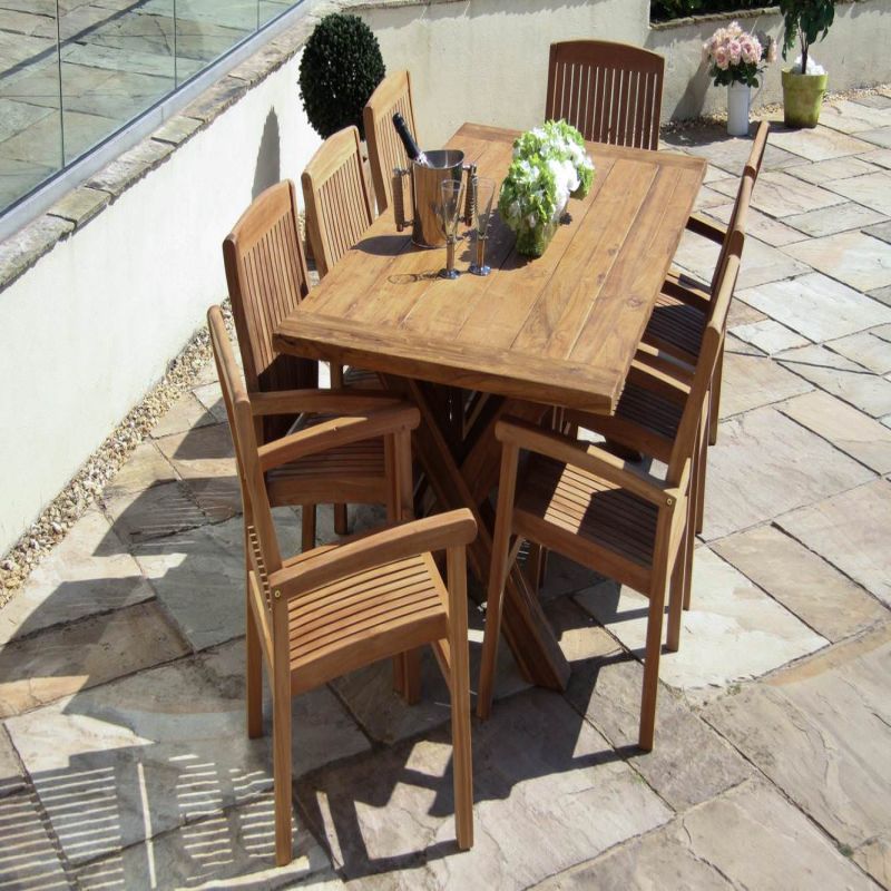 2m Reclaimed Teak Outdoor Open Slatted Cross Leg Table with 8 Marley Armchairs