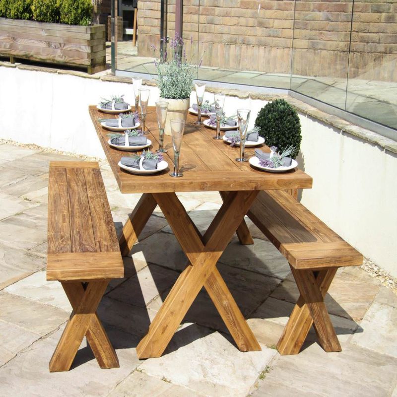 2m Reclaimed Teak Outdoor Open Slatted Cross Leg Table with 2 Backless Benches