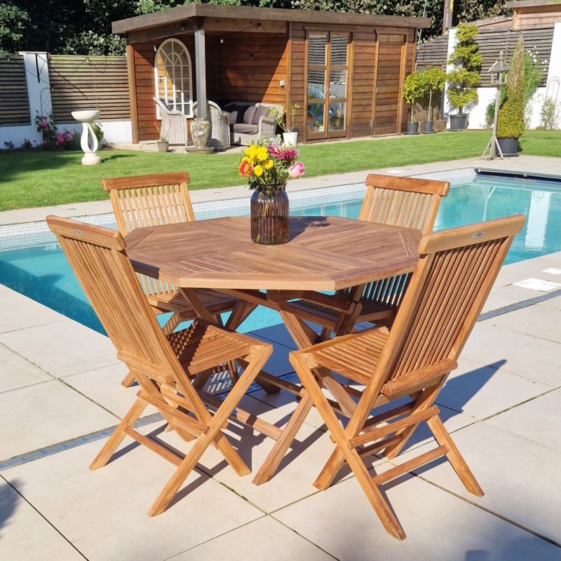 1.2m Teak Octagonal Folding Table with 4 Classic Folding Chairs / Armchairs
