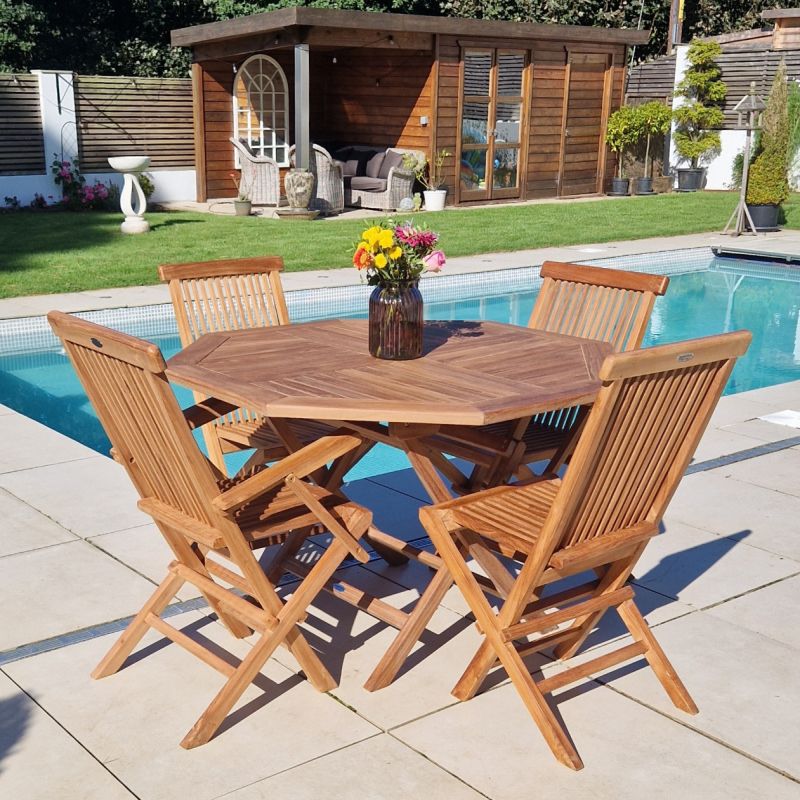1.2m Teak Octagonal Folding Table with 2 Classic Folding Chairs & 2 Armchairs 