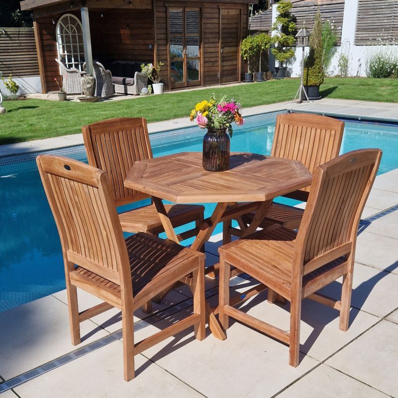1m Teak Octagonal Folding Table with 4 Marley Chairs / Armchairs 