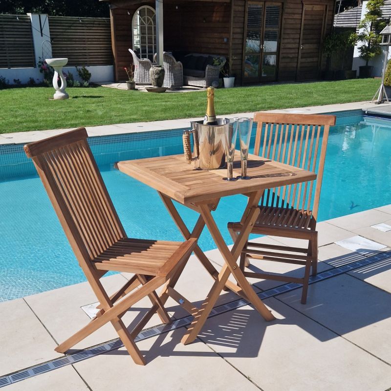 70cm Teak Square Folding Table with 2 Classic Folding Chairs / Armchairs